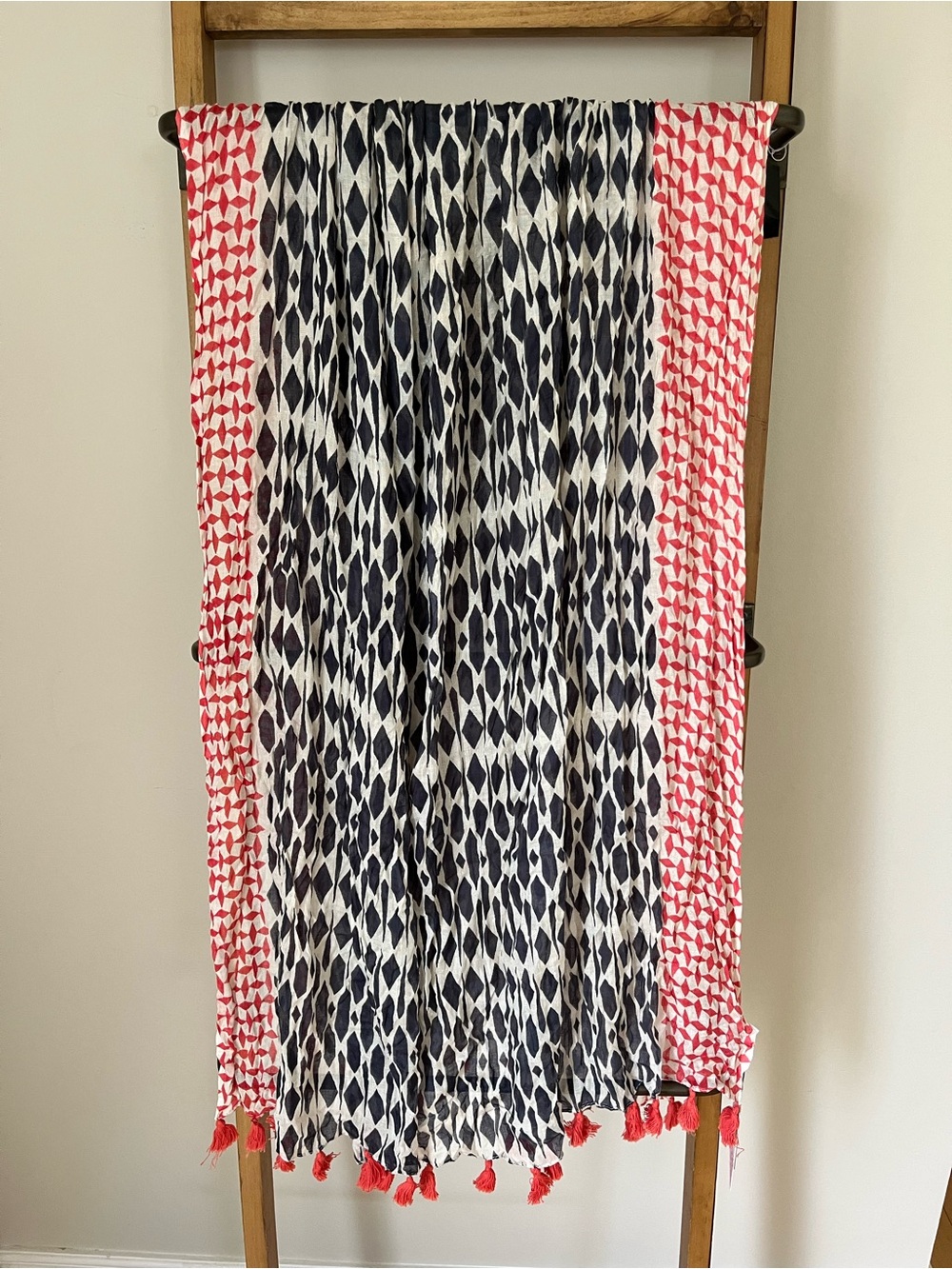 Navy and Coral Patterned Scarf with Tassel Trim